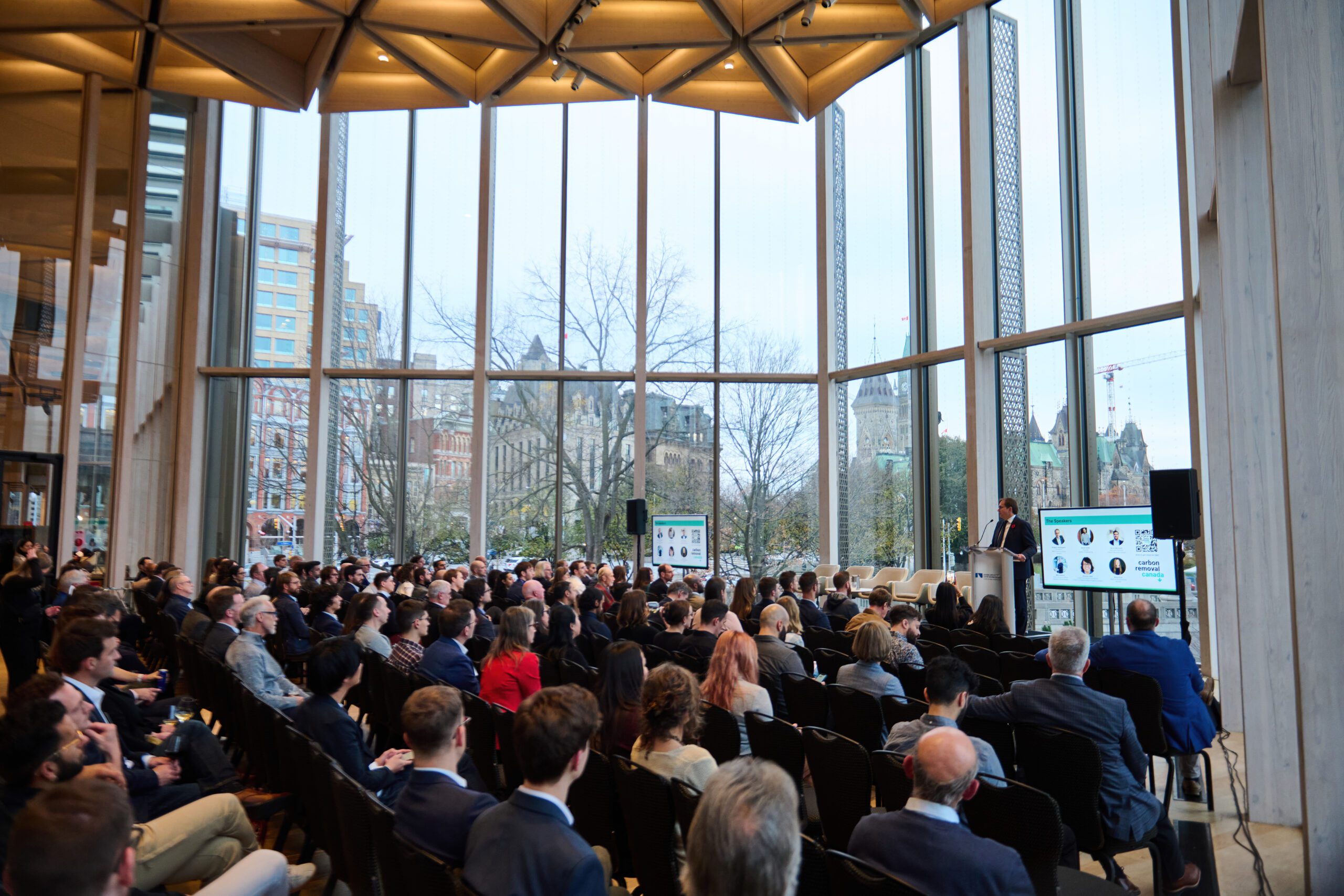 Attendees watch a panel at Carbon Removal Canada’s launch event