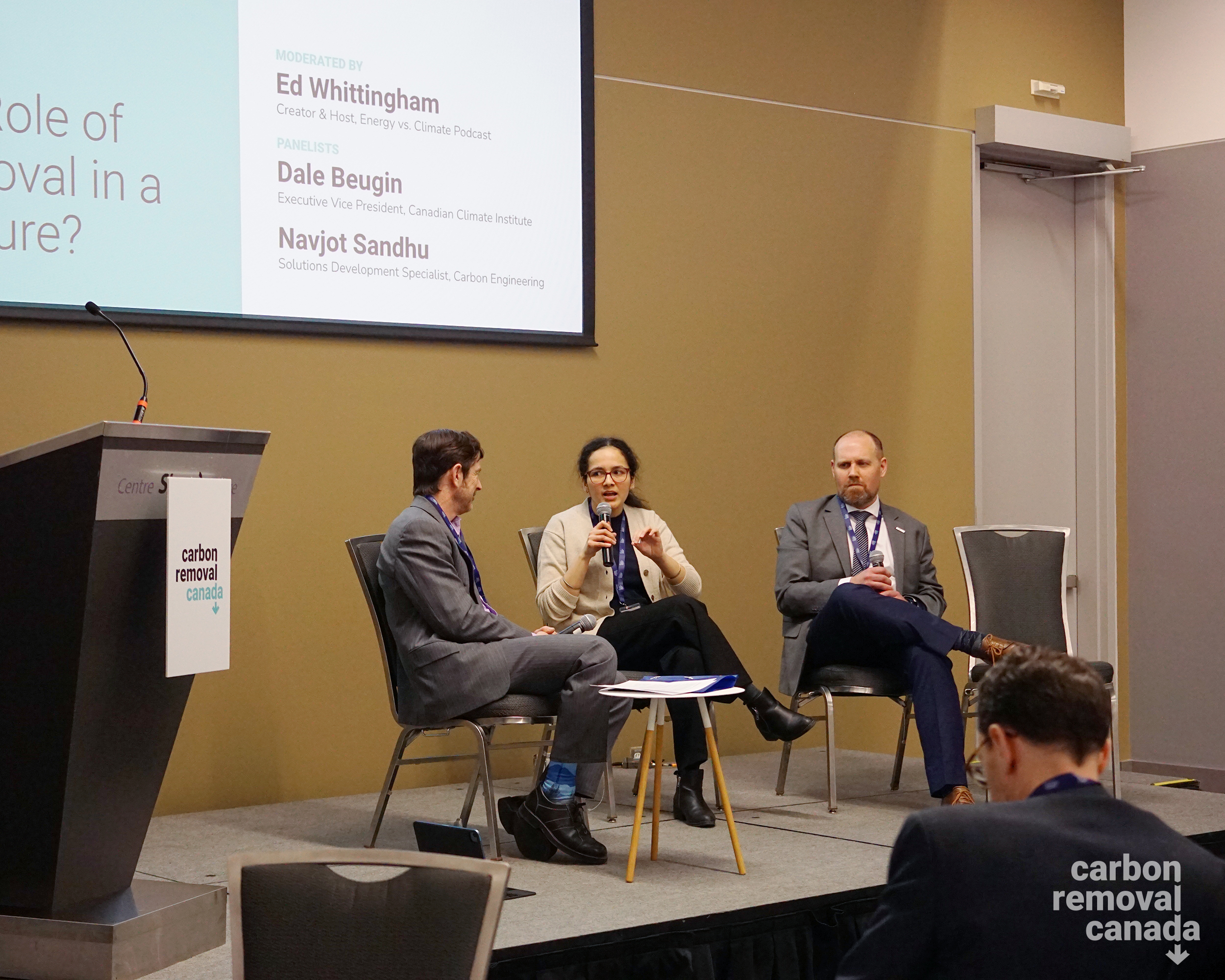 Two men and a woman speak on a panel at Carbon Removal Day.